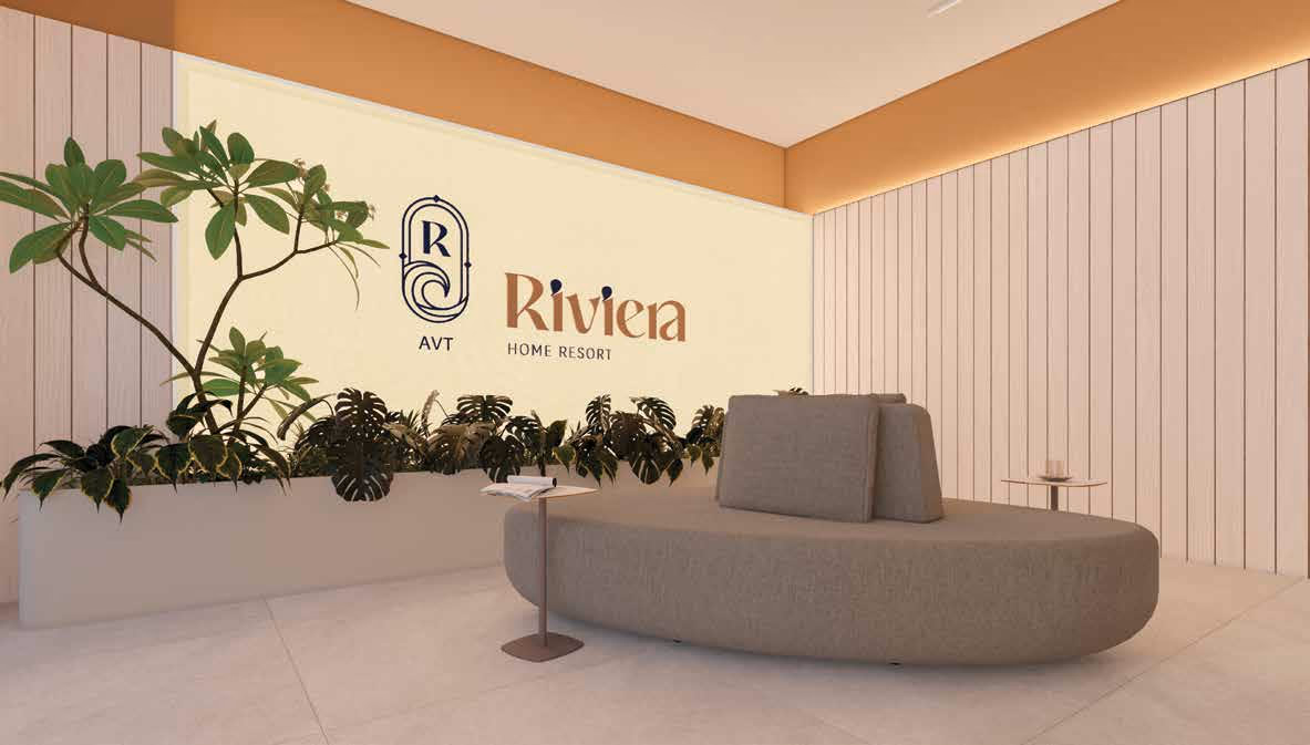 Hall de entrada do Riviera Home Resort com a identidade do empreendimento